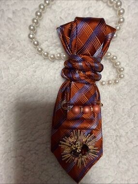 Rust Orange Plaid Tie Necklace with Blue Accents and Decorative Pin